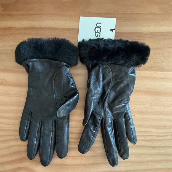 UGG Cashmere Women's Black Leather Shearling Trim Dandylion Gloves Small - Picture 3 of 6